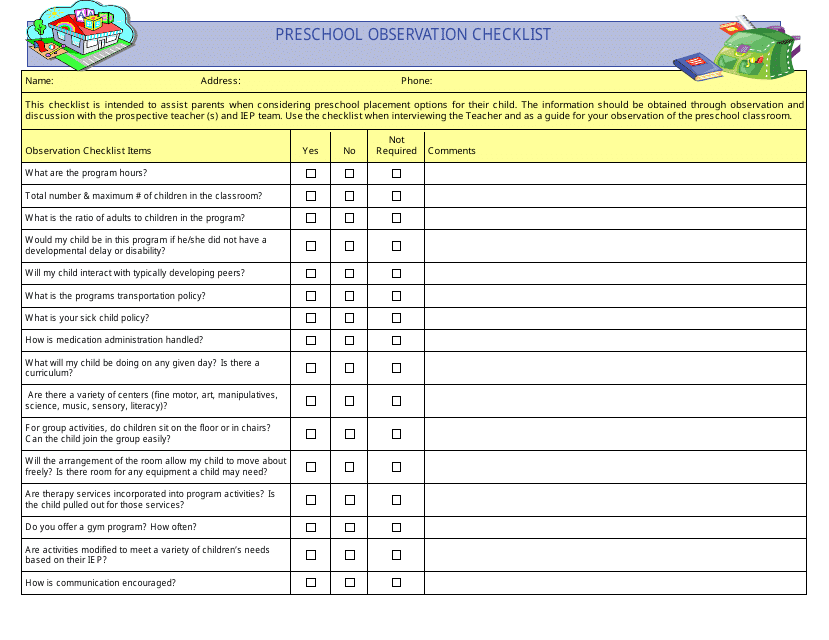 Preschool Observation Checklist Template