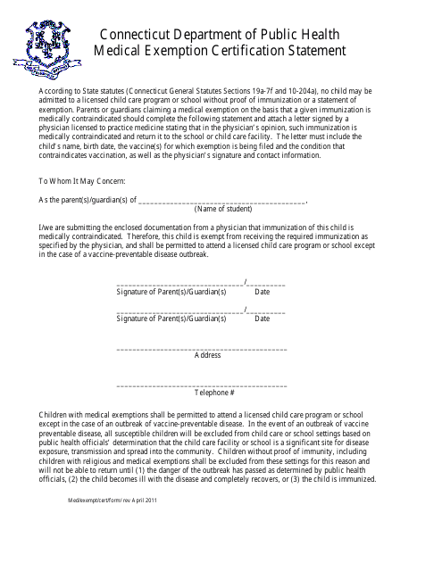 Medical Exemption Certification Statement - Connecticut