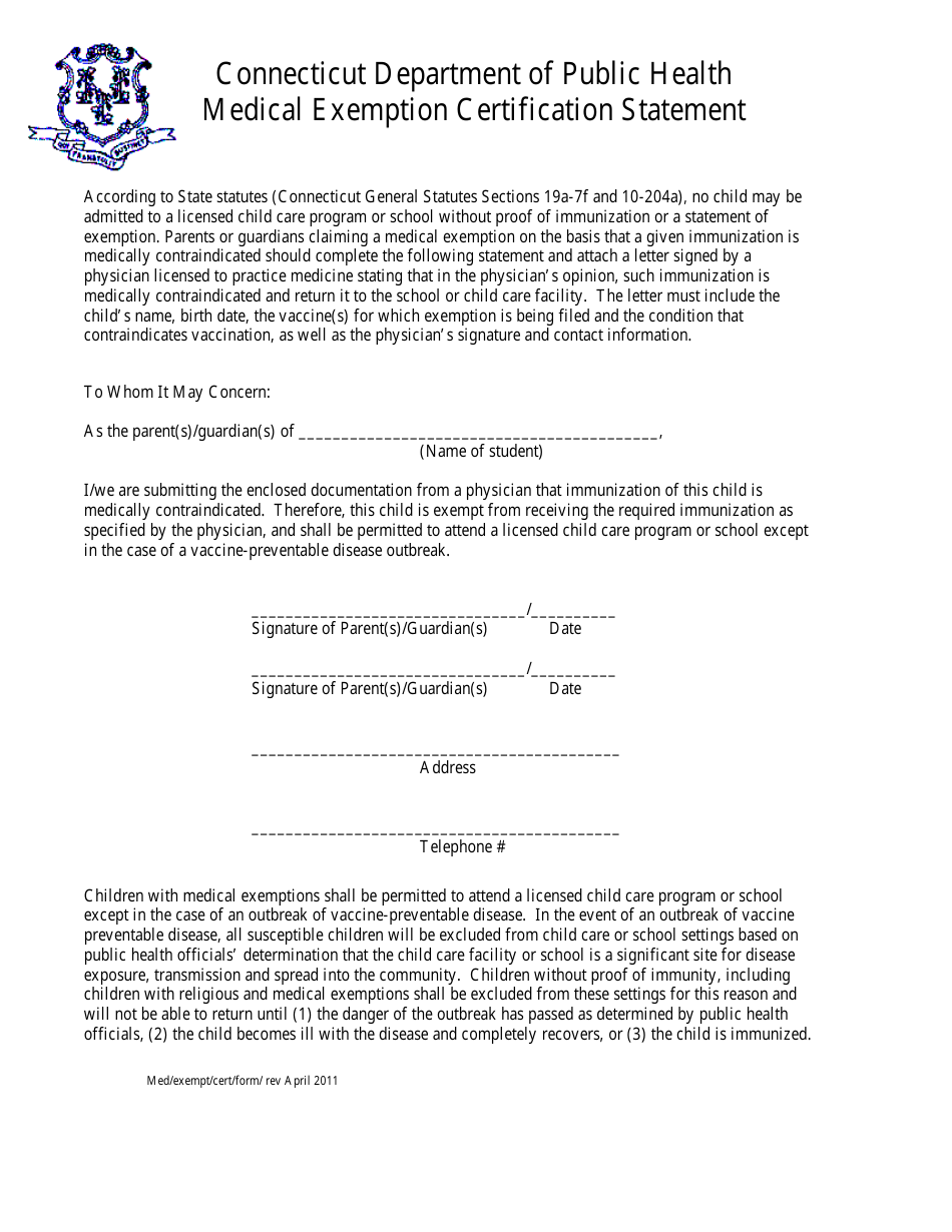 Medical Exemption Certification Statement - Connecticut, Page 1