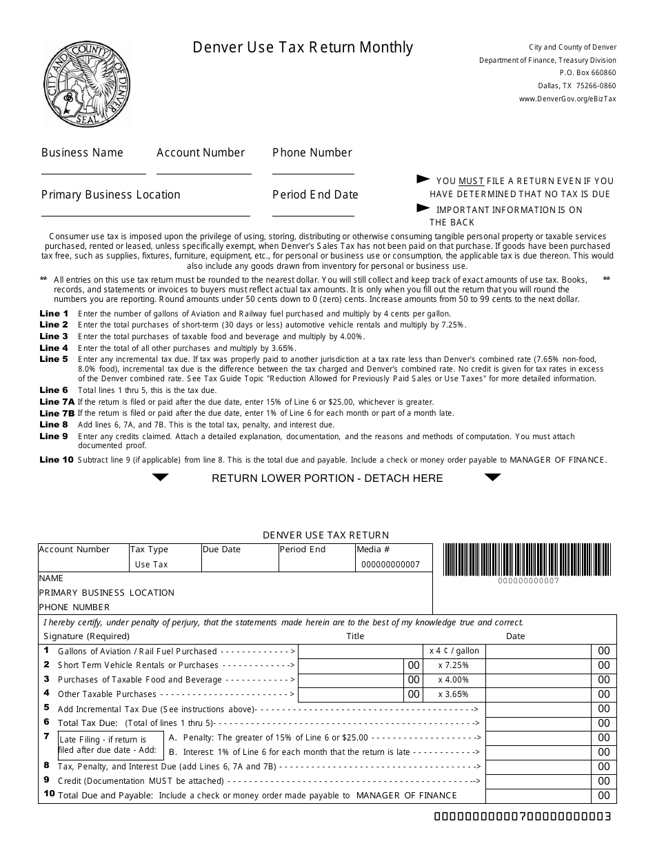 Use Tax Return Monthly - City and County of Denver, Texas, Page 1