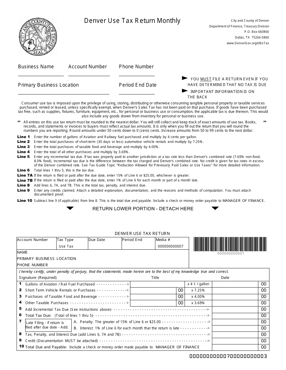 City and County of Denver, Texas Use Tax Return Monthly Fill Out