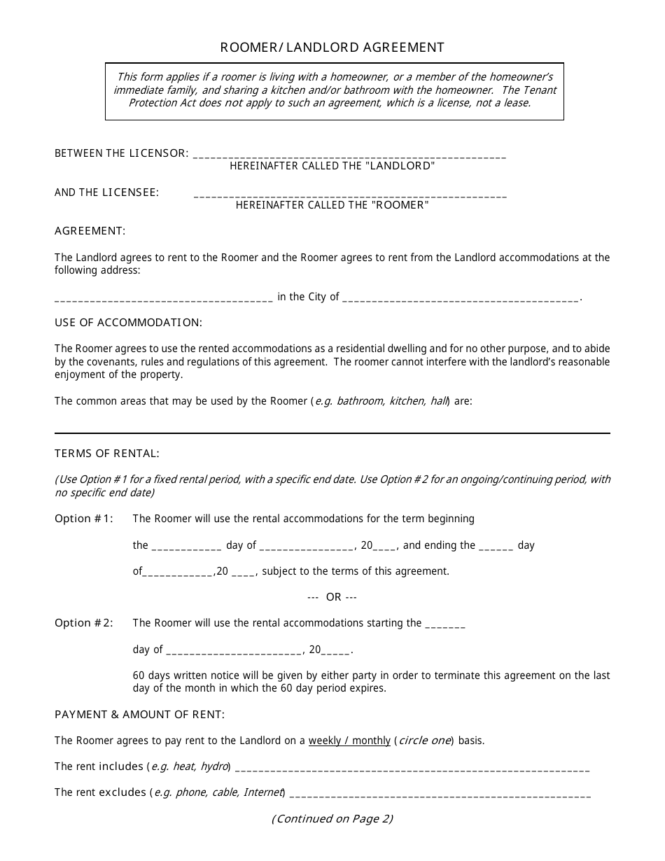 Roomer / Landlord Agreement Template, Page 1