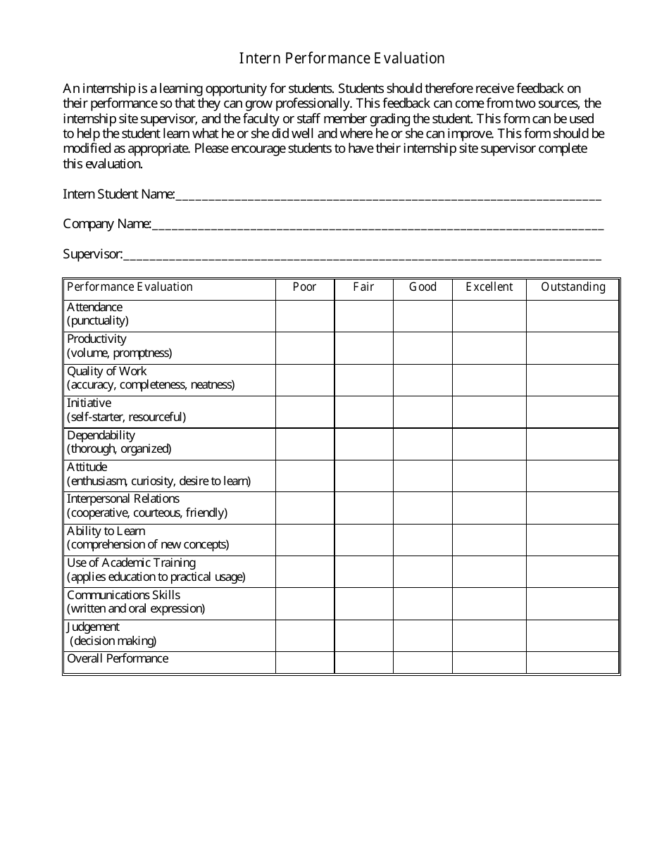Intern Performance Evaluation Form Download Printable PDF With Regard To Student Feedback Form Template Word