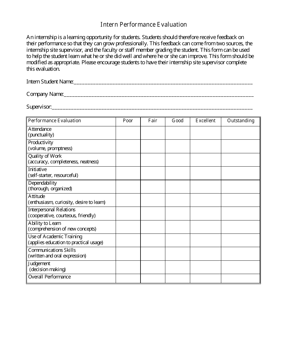 Printable Job Evaluation Form Images And Photos Finder   Intern Performance Evaluation Form Print Big 