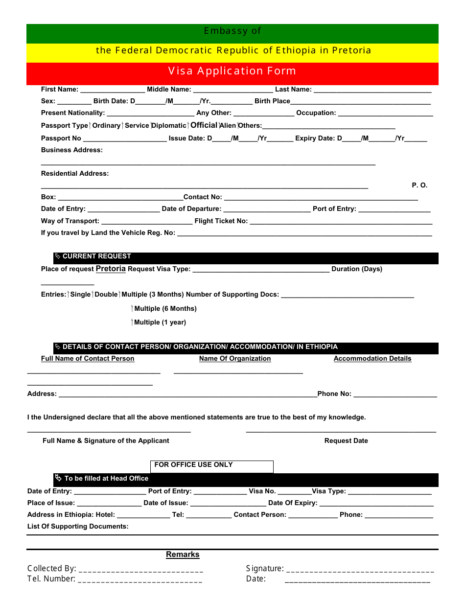 Pretoria Gauteng South Africa Ethiopian Visa Application Form Embassy Of The Federal