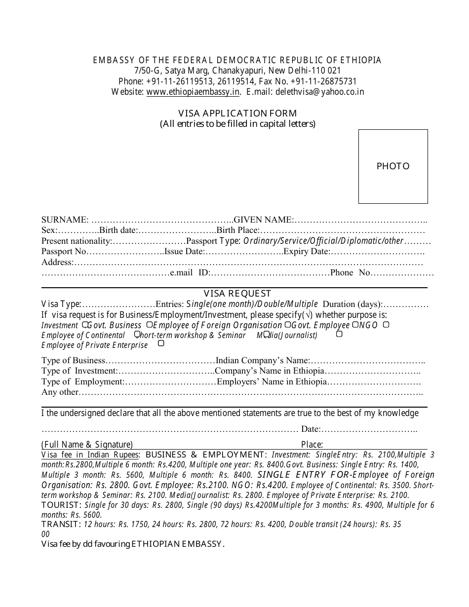 Ethiopian Visa Application Form - Embassy of the Federal Democratic Republic of Ethiopia - New Delhi, Delhi, India, Page 1