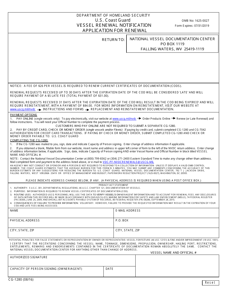 Form CG-1280 Vessel Renewal Notification - Application Form for Renewal, Page 1