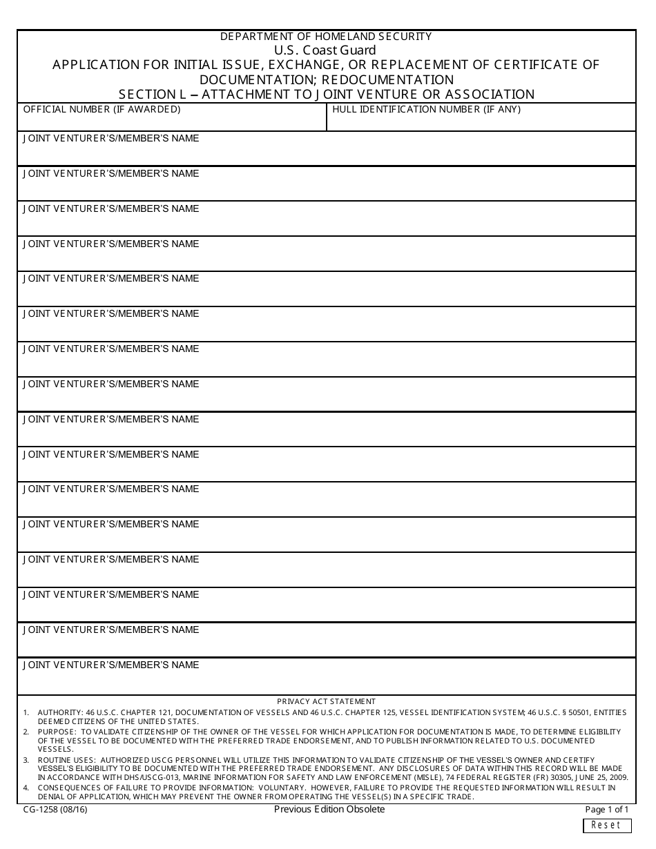 Form CG-1258 Application for Initial Issue, Exchange, or Replacement of Certificate of Documentation; Redocumentation Section L - Attachment to Joint Venture or Association, Page 1