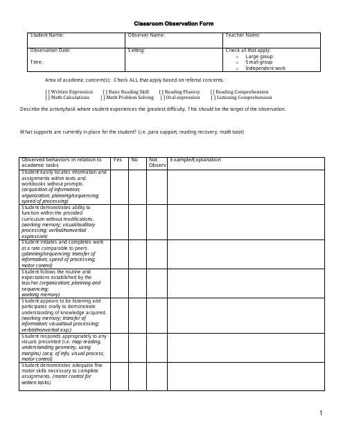 Classroom Observation Form - Table and Questions