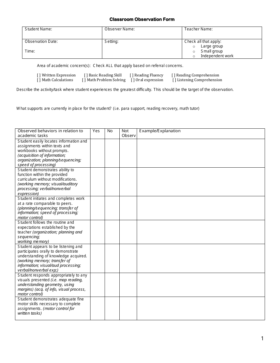 Classroom Observation Form Table and Questions Download Printable PDF