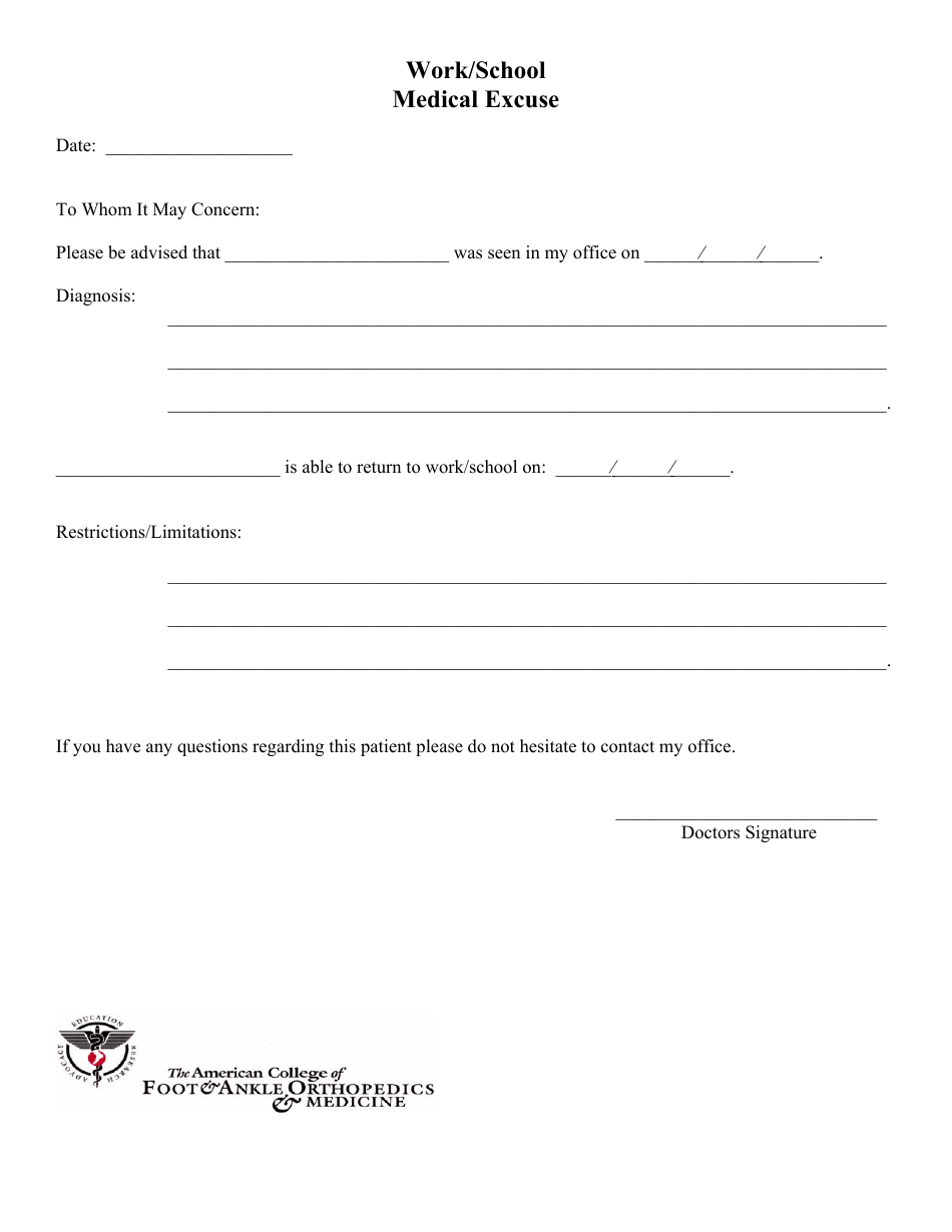 Work / School Medical Excuse Form - College of Foot  Ankle Orthopedics  Medicine, Page 1