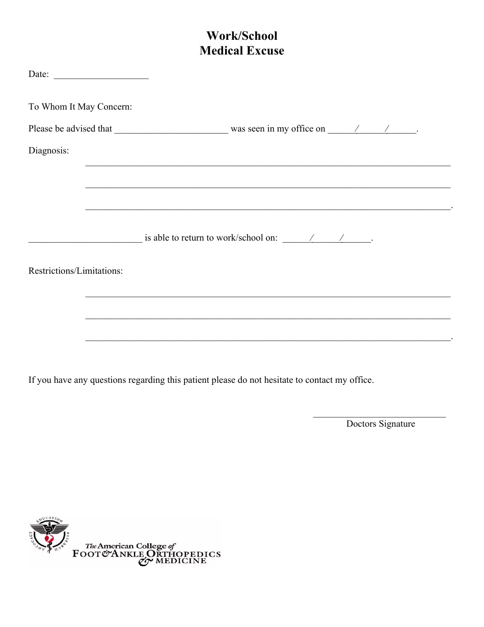 Work/School Medical Excuse Form - College of Foot & Ankle Orthopedics ...