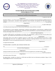 Document preview: Criminal Offender Record Information (Cori) Acknowledgement Form - Massachusetts