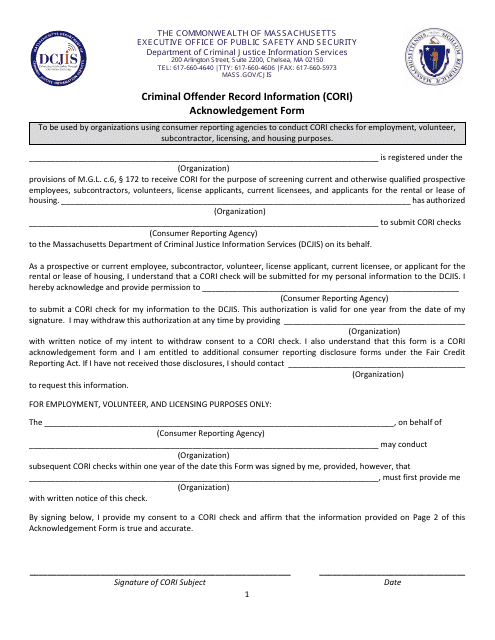 Criminal Offender Record Information (Cori) Acknowledgement Form - Massachusetts Download Pdf