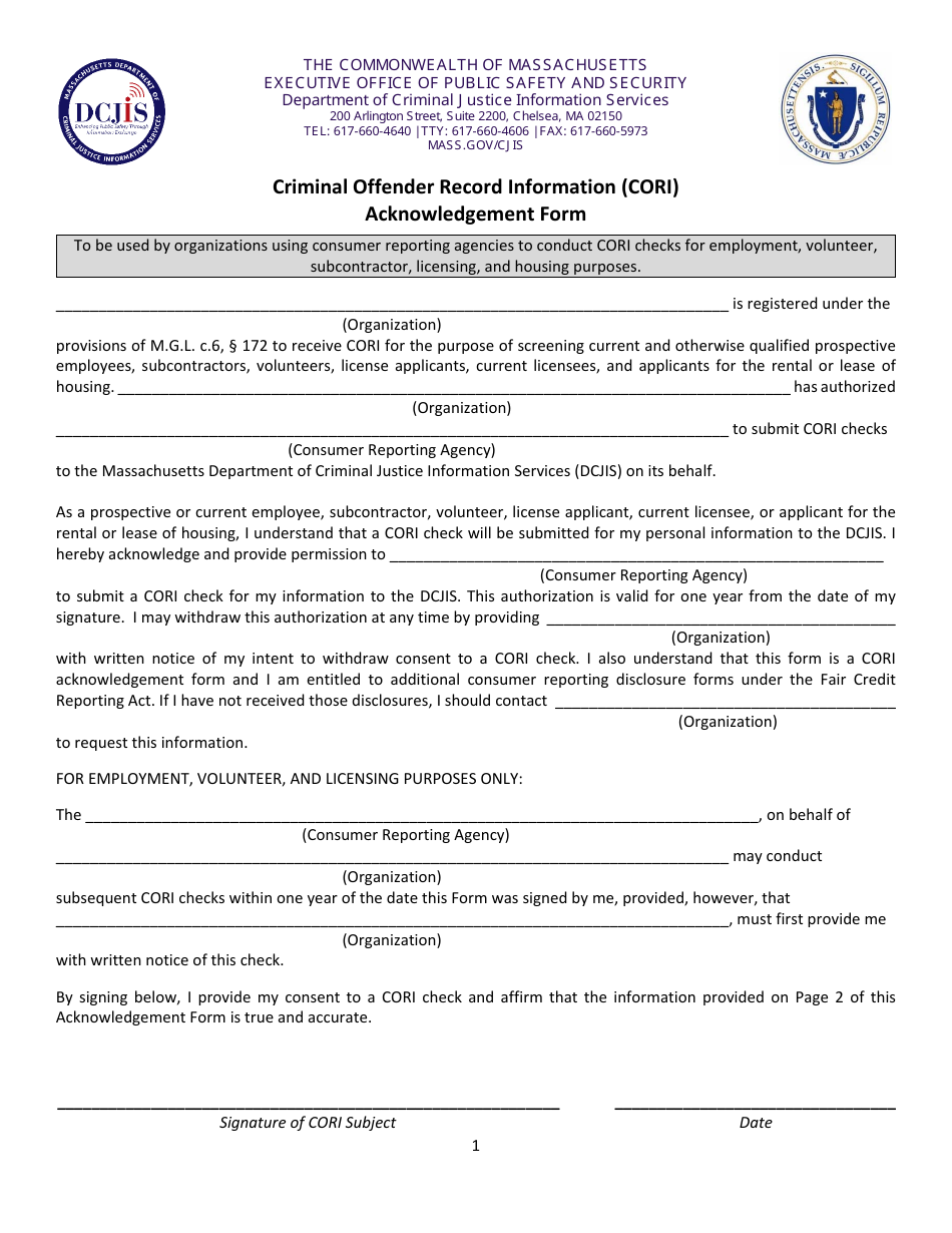 Criminal Offender Record Information (Cori) Acknowledgement Form - Massachusetts, Page 1