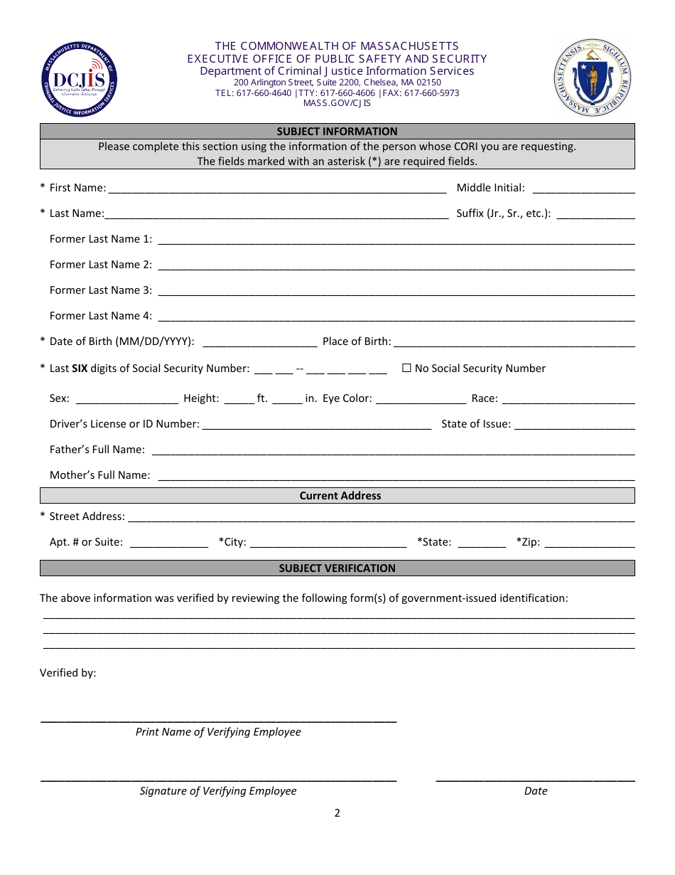 Massachusetts Criminal Offender Record Information Cori Acknowledgement Form Fill Out Sign 7048