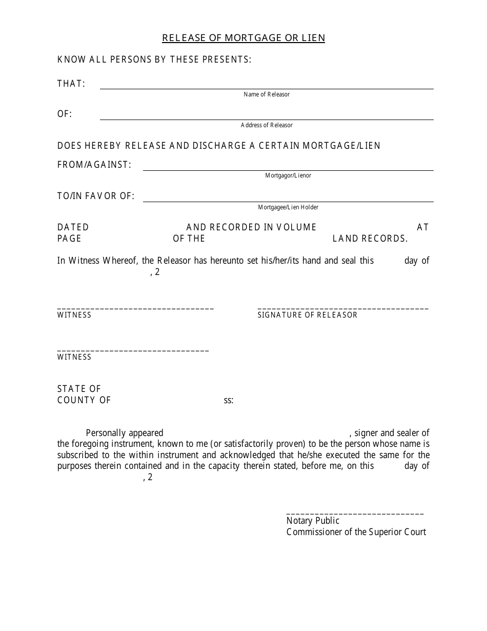 Connecticut Release Of Mortgage Or Lien Form - Fill Out, Sign Online 