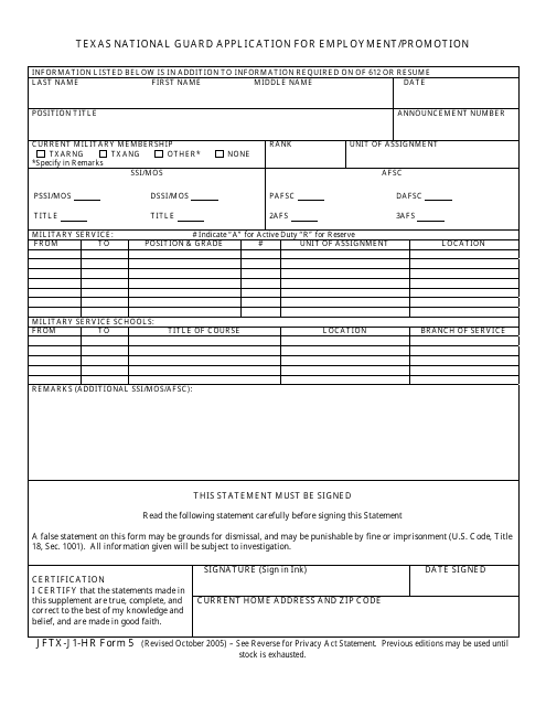 Form 5 Texas National Guard Application for Employment/Promotion - Texas