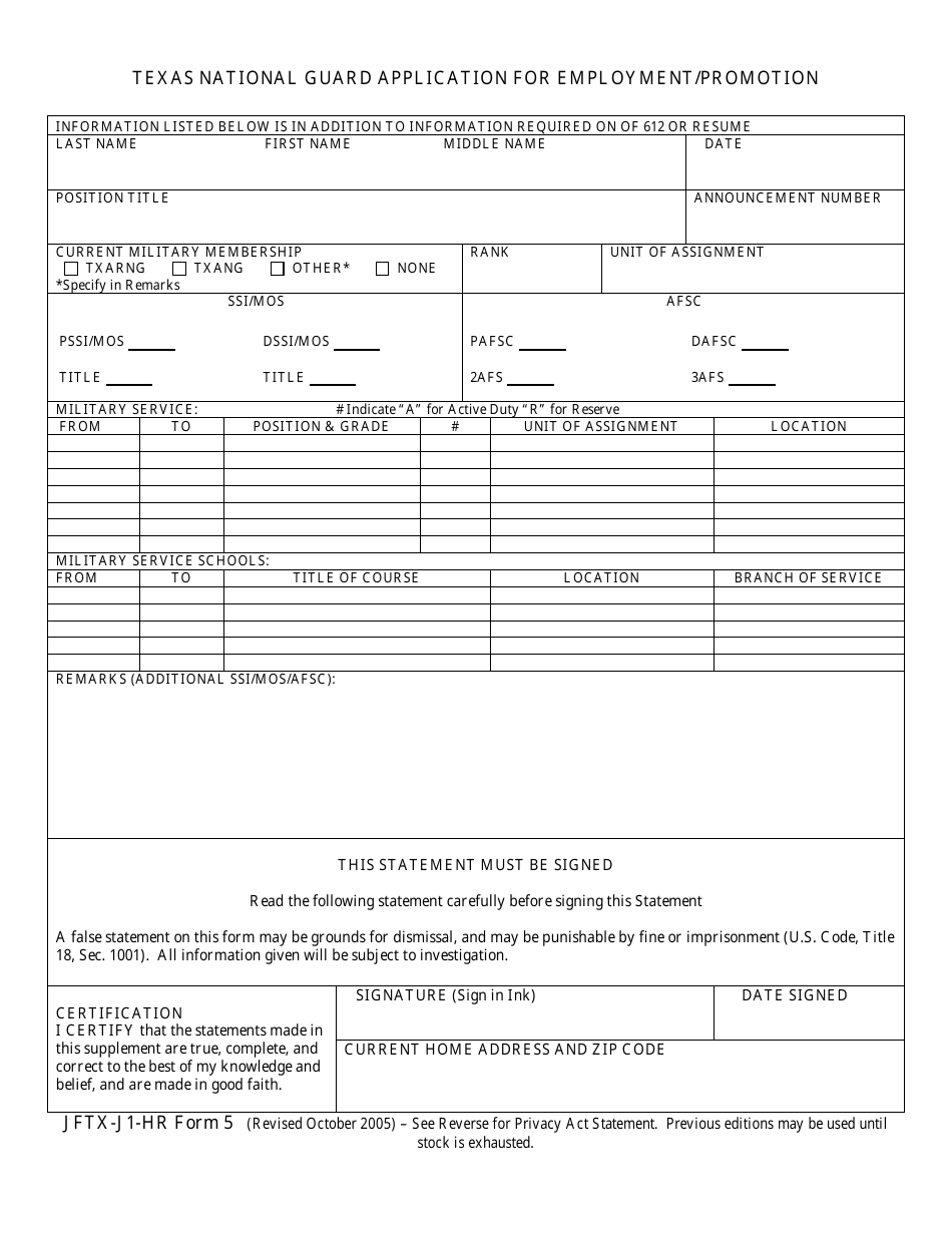 Form 5 Texas National Guard Application for Employment / Promotion - Texas, Page 1