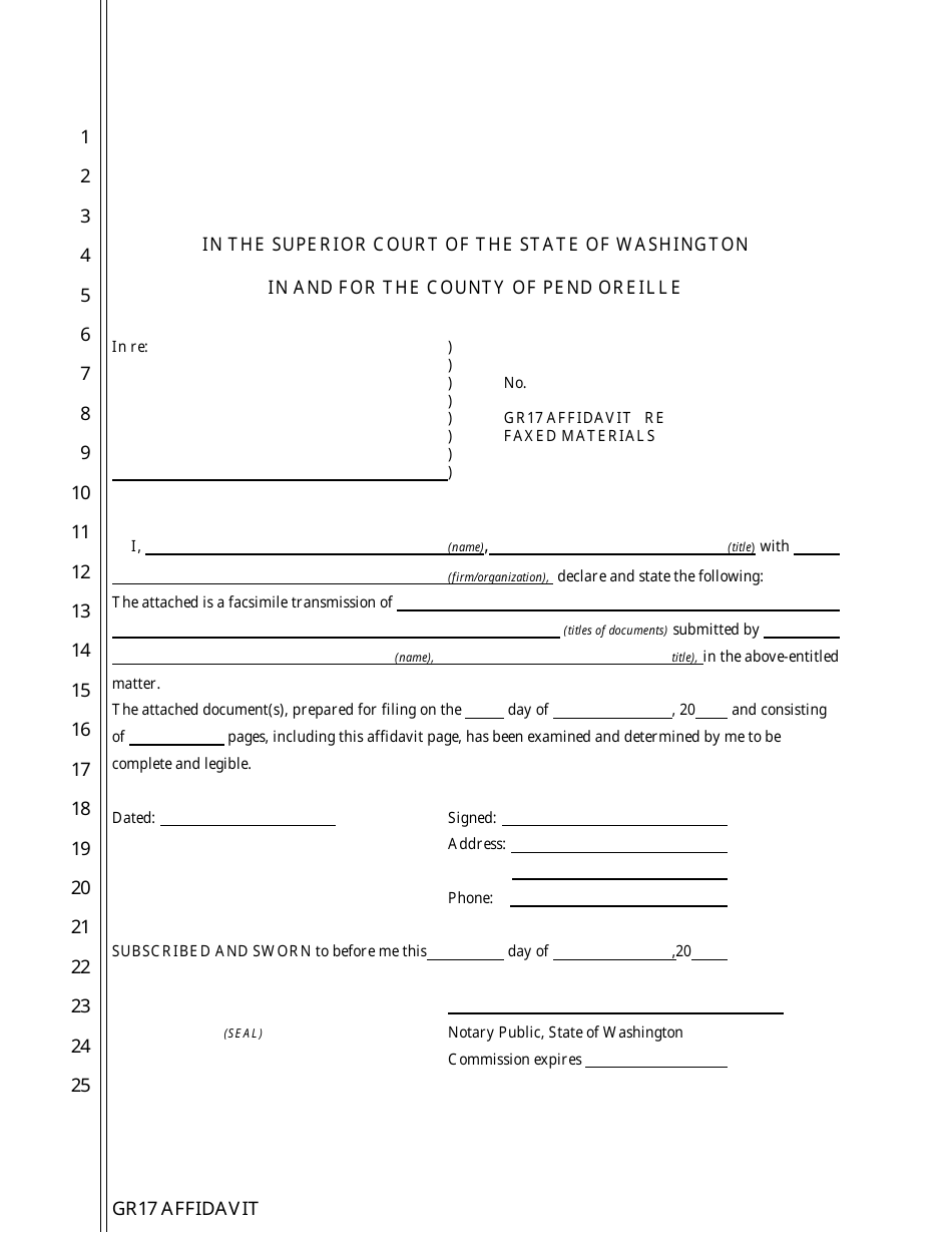 Form GR17 Affidavit Form - County of Pend Oreille, Washington, Page 1