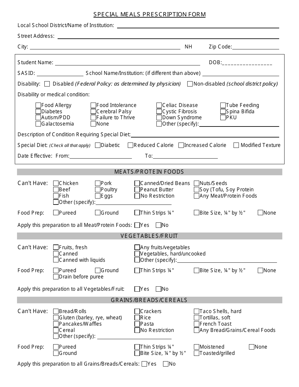 Special Meals Prescription Form, Page 1