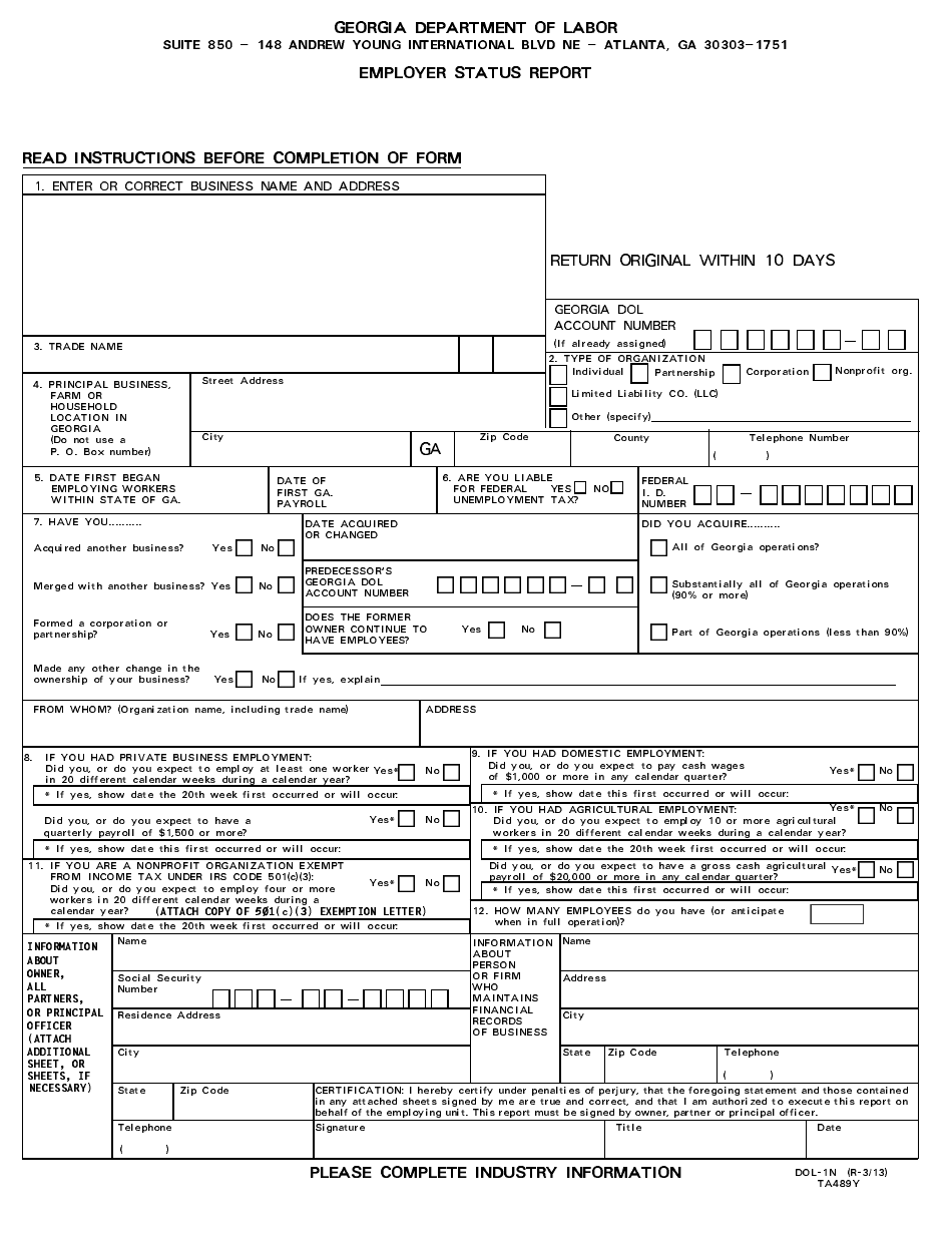 Form DOL-1N Employer Status Report - Georgia (United States), Page 1