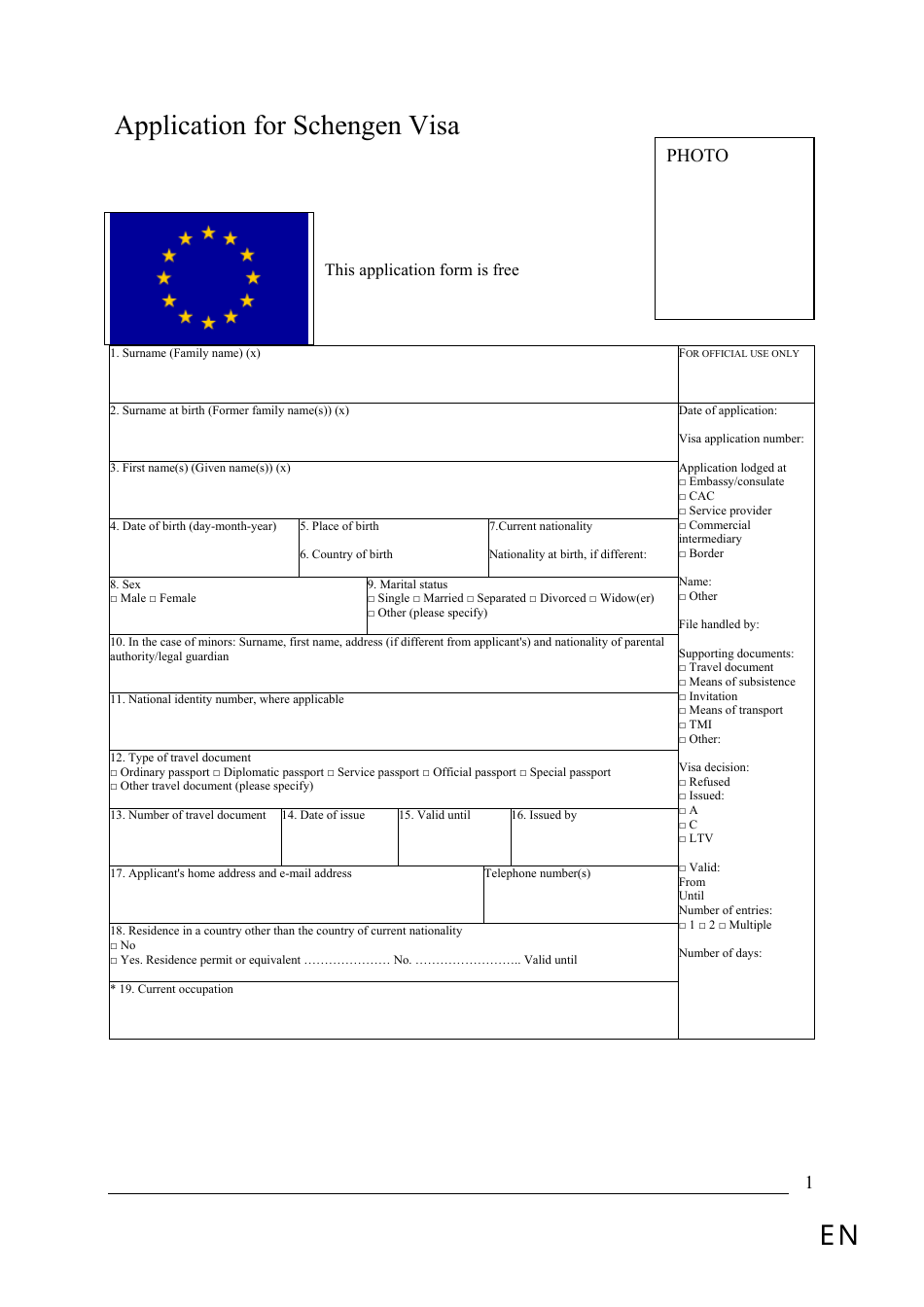 Schengen Visa Application Form - Luxembourg, Page 1