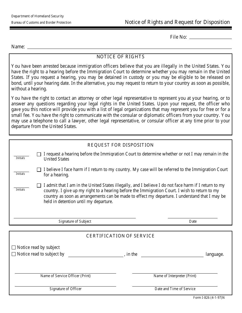 DHS Form I-826 Notice of Rights and Request for Disposition, Page 1