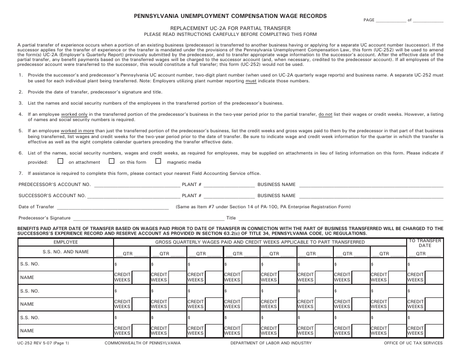 Form UC-252 Pennsylvania Unemployment Compensation Wage Records - Pennsylvania, Page 1