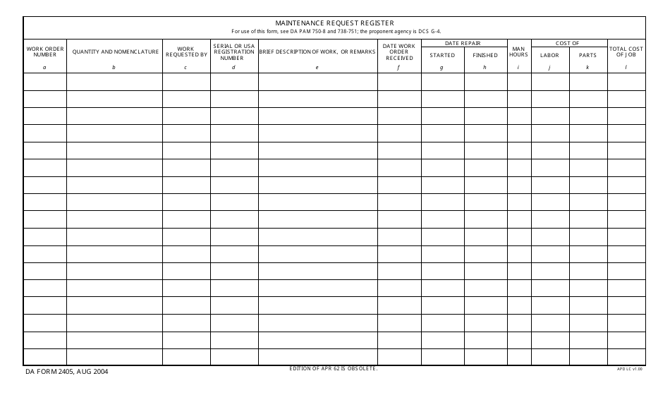 DA Form 2405 Maintenance Request Register, Page 1