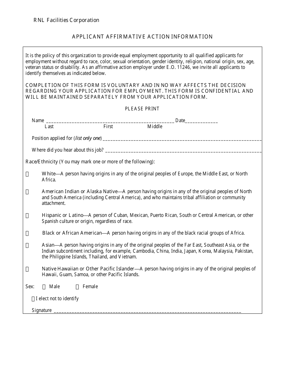 Applicant Affirmative Action Information Form - Rnl Facilities Corporation, Page 1