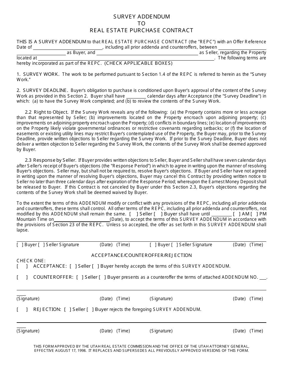 Survey Addendum to Real Estate Purchase Contract - Utah, Page 1