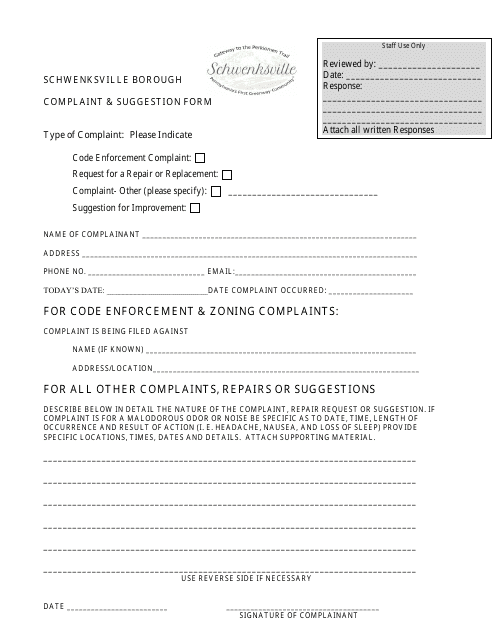 Complaint & Suggestion Form - Schwenksville Borough, Pennsylvania Download Pdf