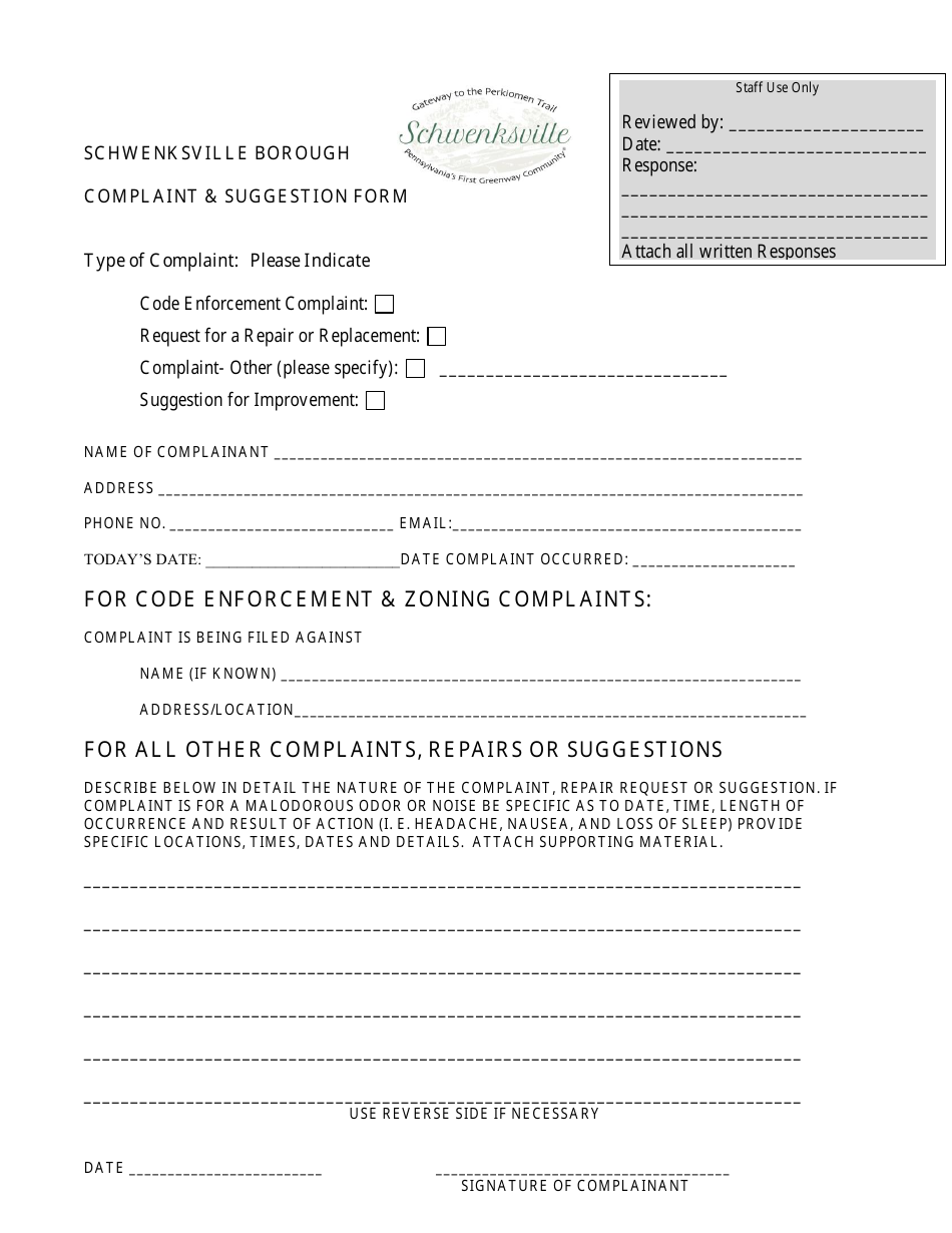 Schwenksville Borough Pennsylvania Complaint Suggestion Form Download Printable Pdf Templateroller