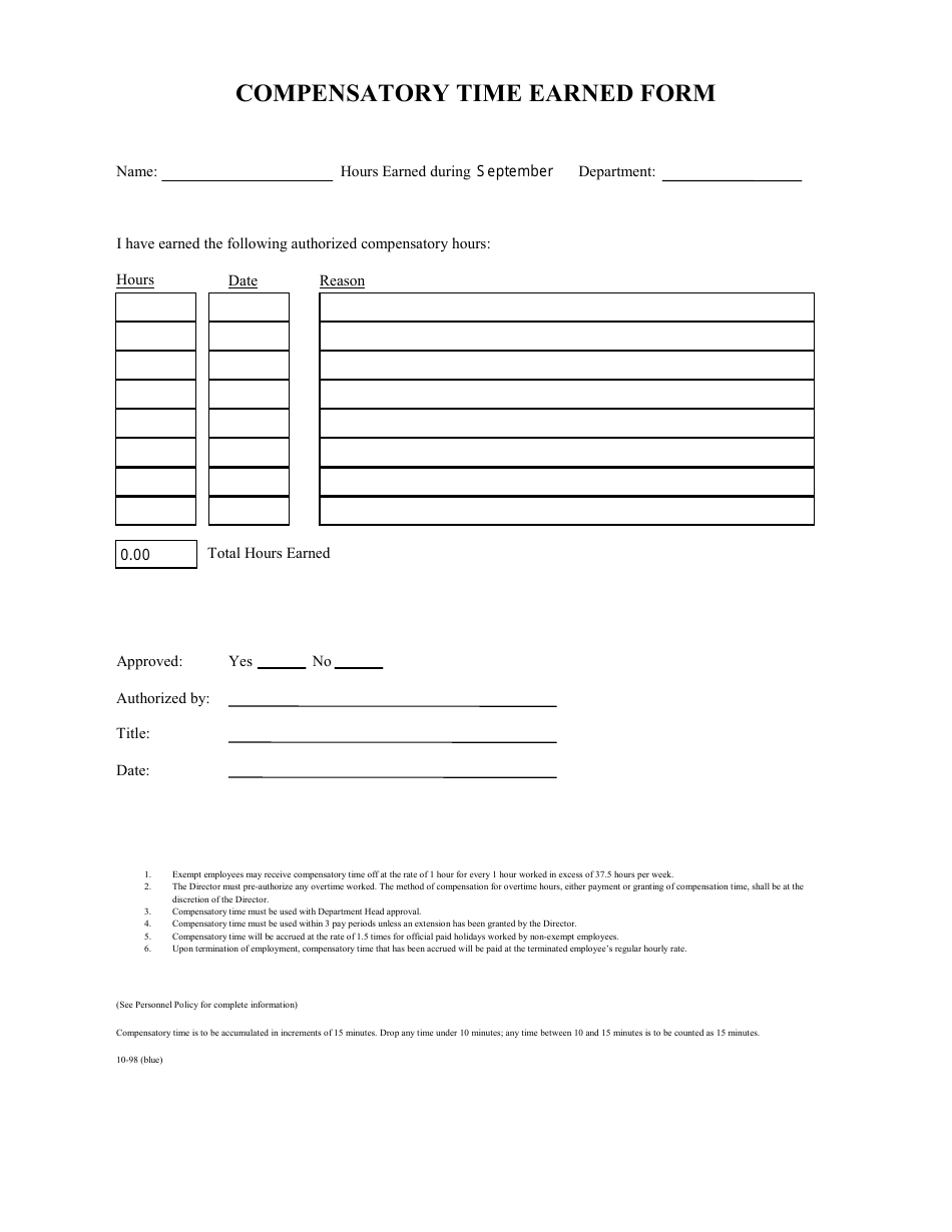 Compensatory Time Earned Form, Page 1