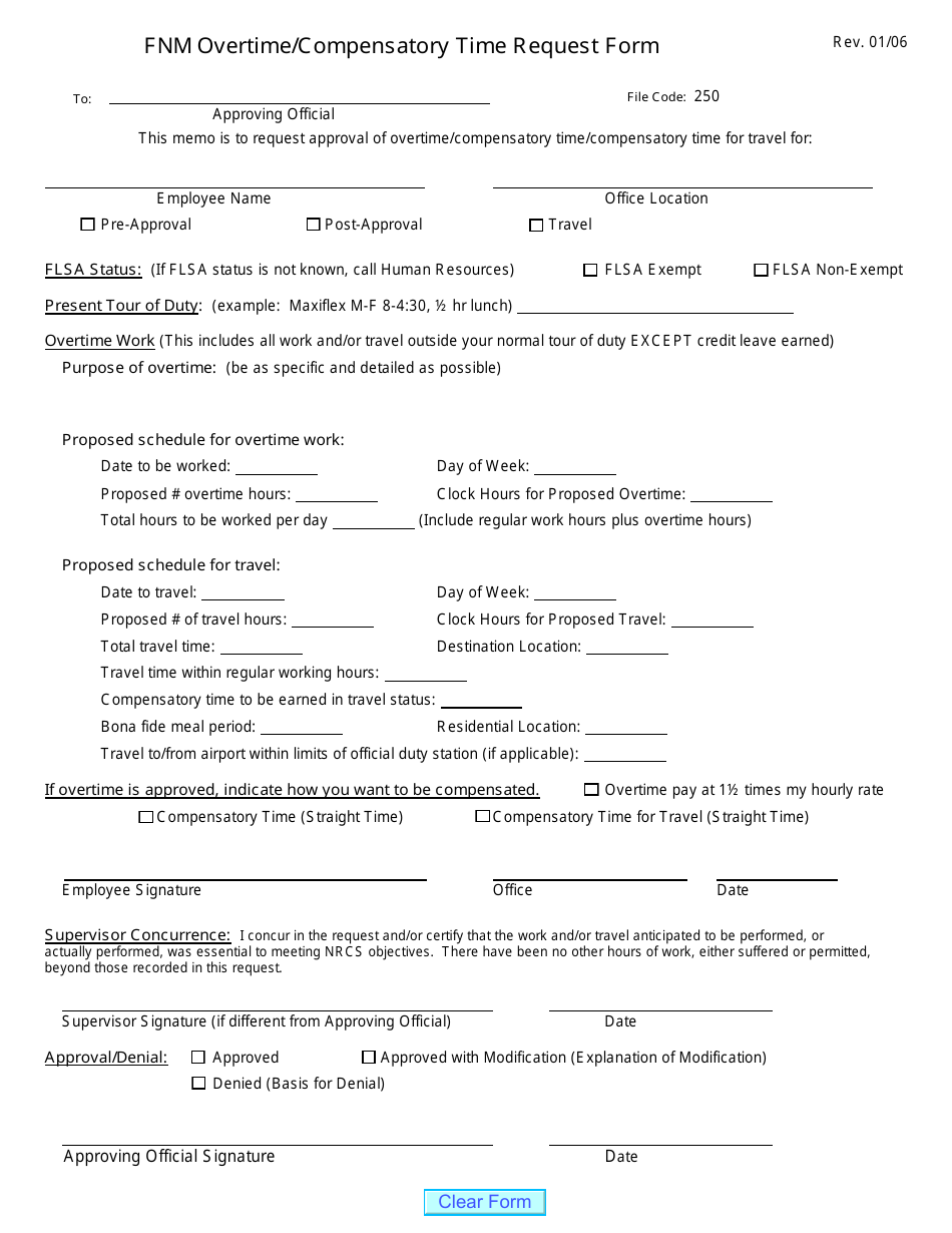 Fnm Overtime / Compensatory Time Request Form, Page 1