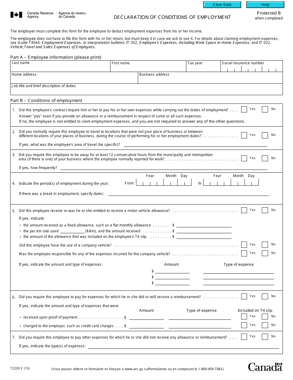 Form T2200 Declaration of Conditions of Employment - Canada, Page 1