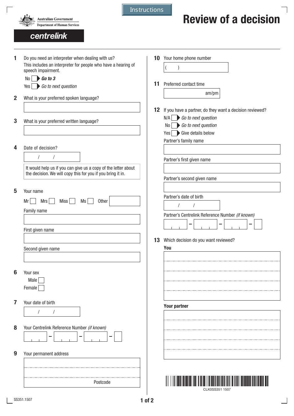 Form SS351.1507 Review of a Decision - Australia, Page 3