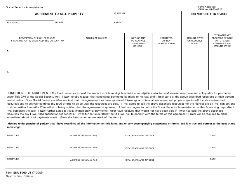 Form SSA-8060-U3 Agreement to Sell Property