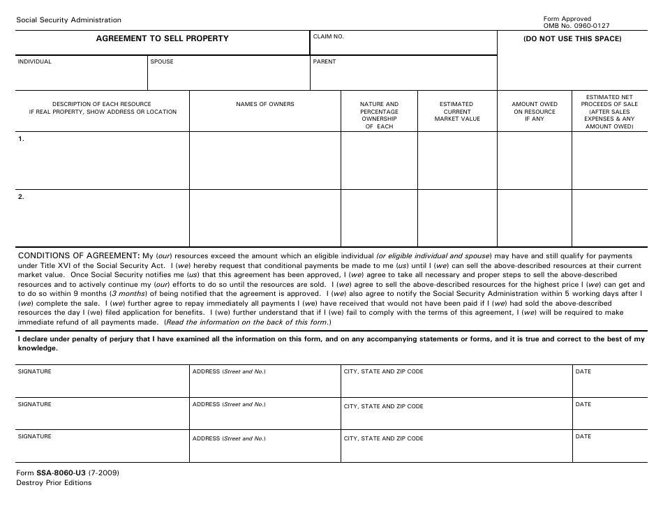 Form SSA-8060-U3 Agreement to Sell Property, Page 1