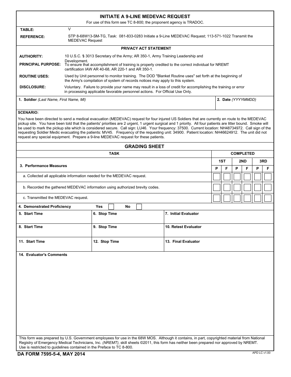 DA Form 7595-5-4 Initiate a 9-line Medevac Request, Page 1