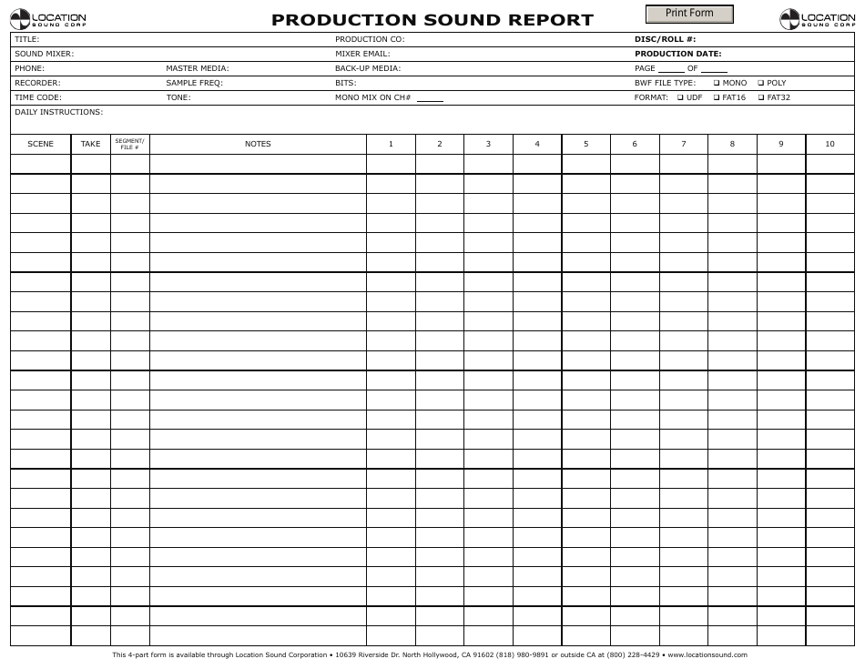 Production Sound Report Form - Location Sound, Page 1