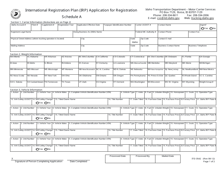 Form ITD3542 Schedule A International Registration Plan (Irp) Application for Registration - Idaho, Page 1