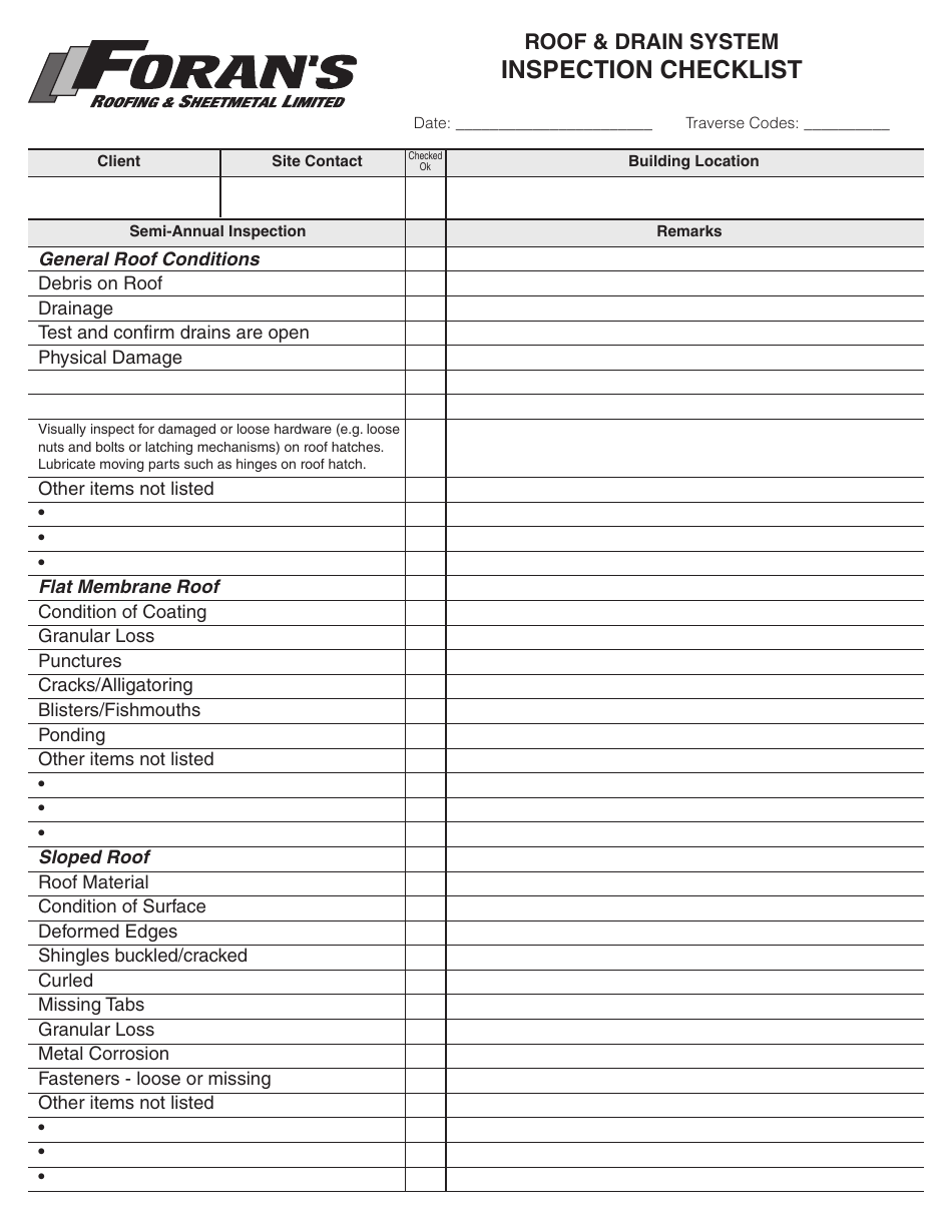 Roof & Drain System Inspection Checklist Template by Foran's Roofing & Sheetmetal Limited
