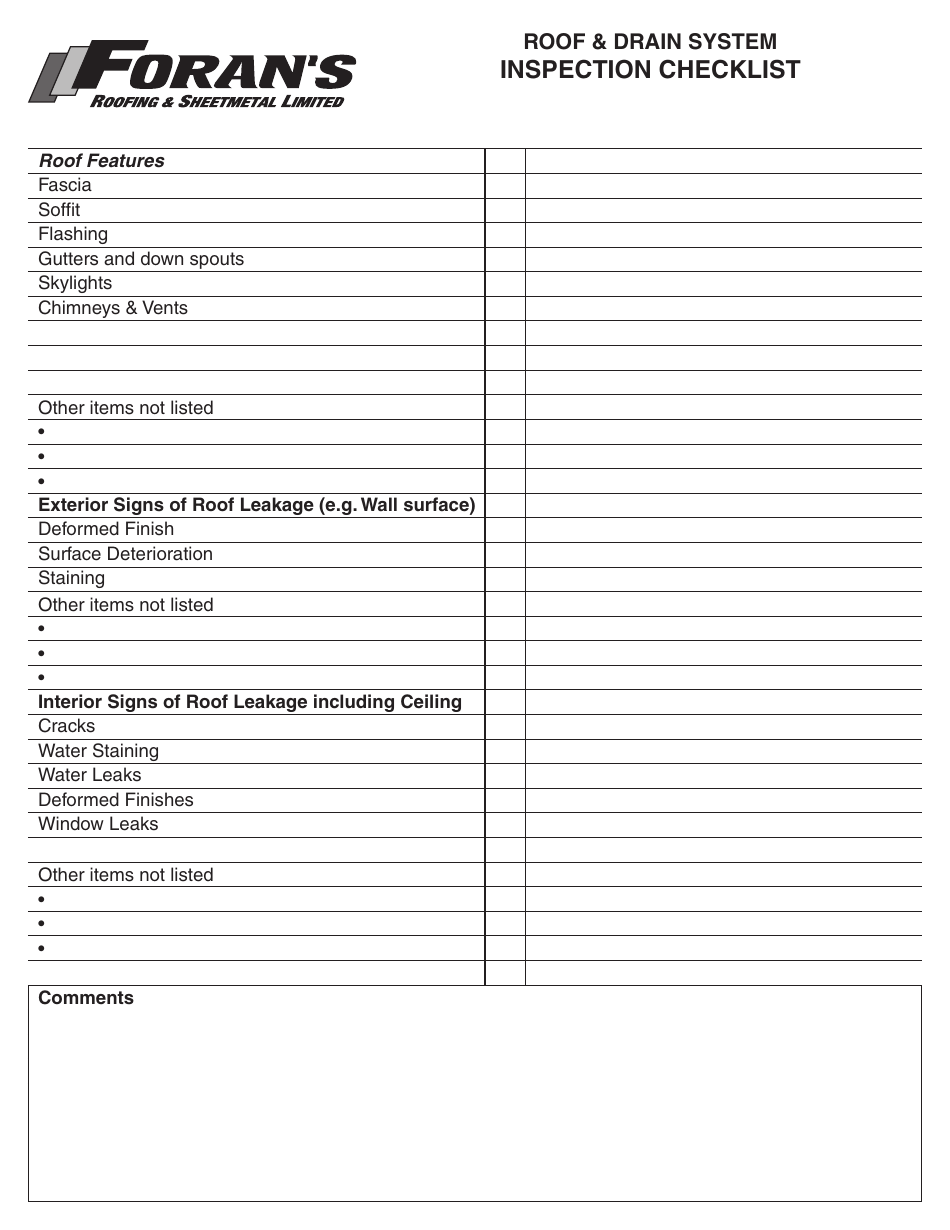 Roof & Drain System Inspection Checklist Template - Foran's Roofing ...