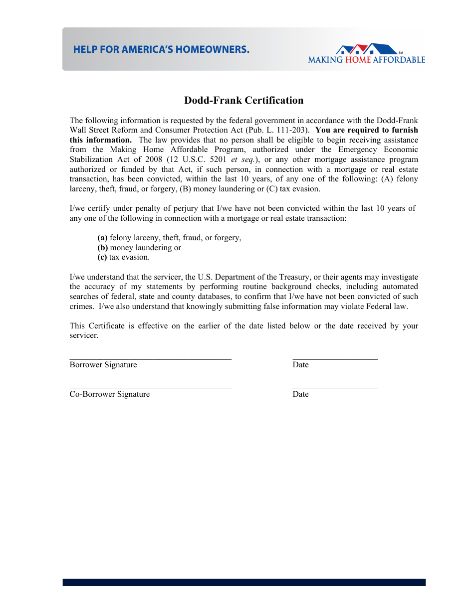 Dodd-Frank Certification Form, Page 1