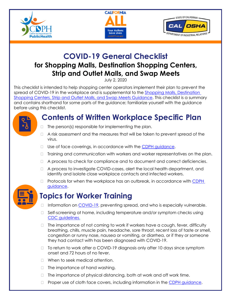 Covid-19 General Checklist for Shopping Malls, Destination Shopping Centers, Strip and Outlet Malls, and Swap Meets - California, Page 1