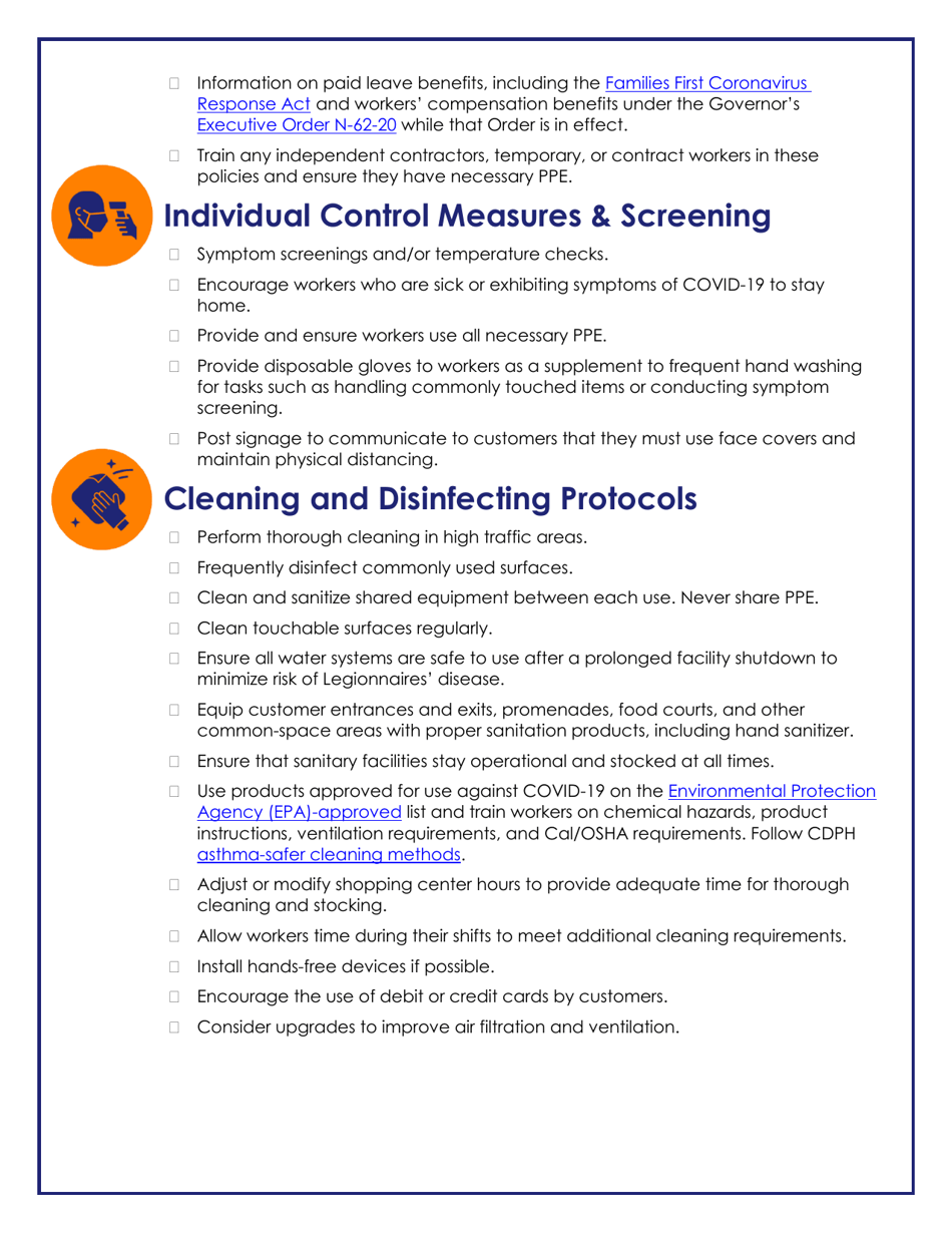 Covid-19 General Checklist for Shopping Malls, Destination Shopping Centers, Strip and Outlet Malls, and Swap Meets - California, Page 2