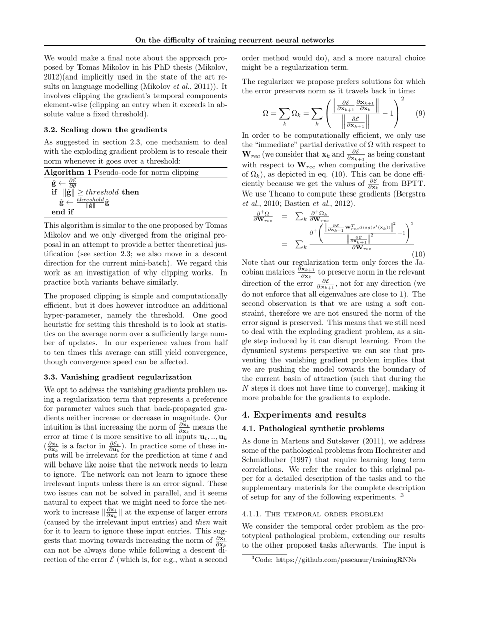 On the Difficulty of Training Recurrent Neural Networks - Razvan Pascanu, Tomas Mikolov, Yoshua Bengio, Page 6