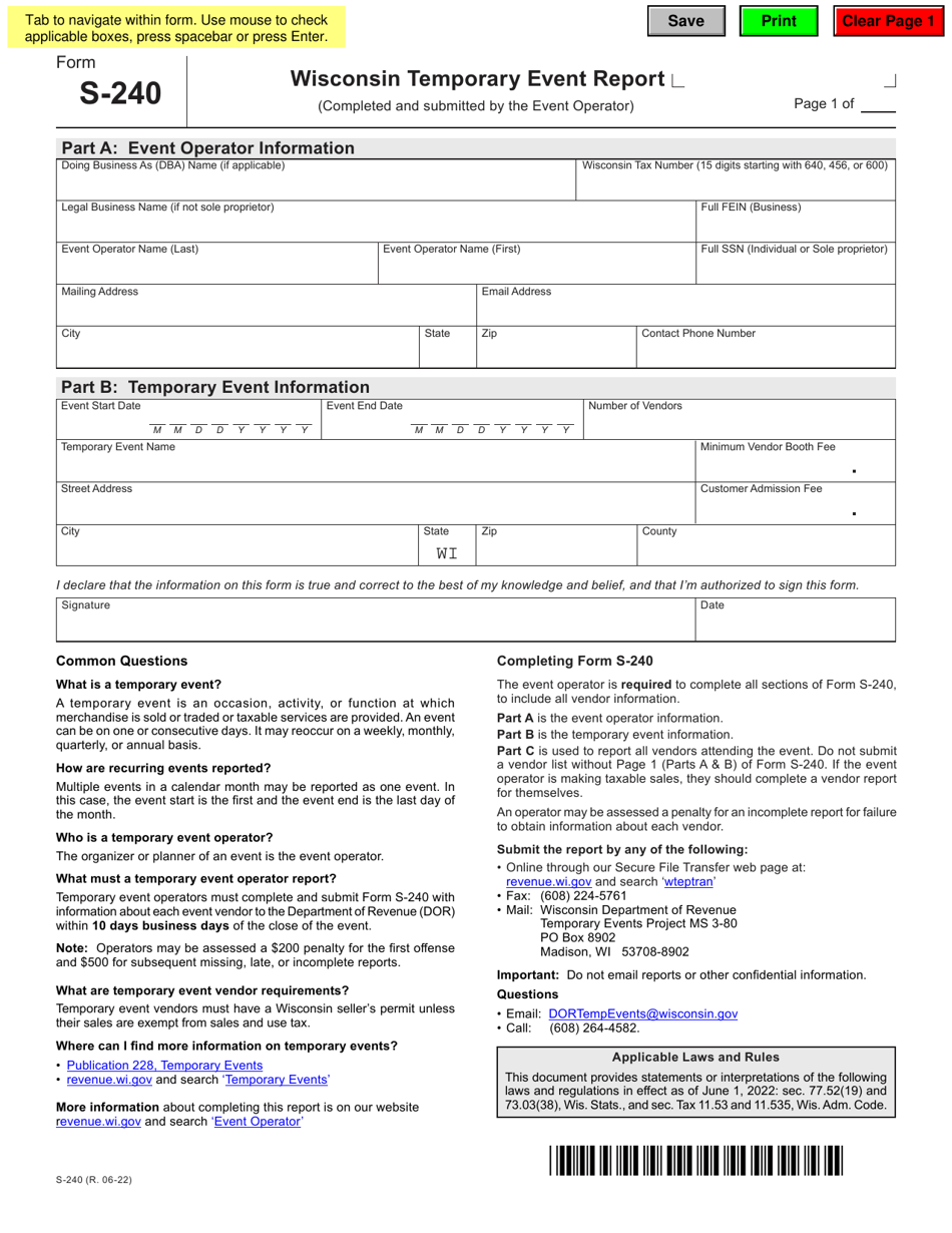 Form S-240 Wisconsin Temporary Event Report - Wisconsin, Page 1